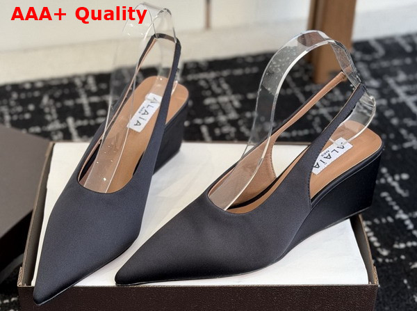 Alaia Cube Wedge Slingbacks in Black Satin Replica