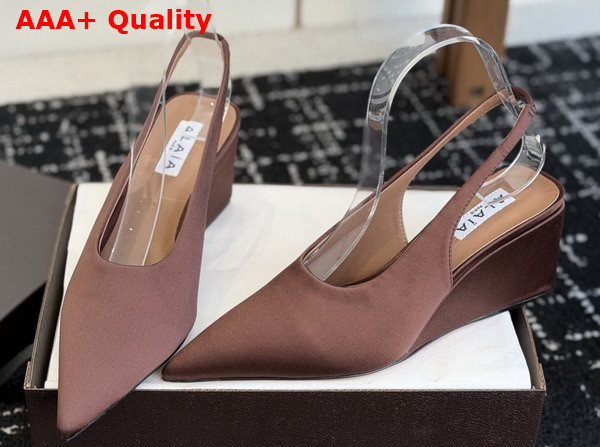 Alaia Cube Wedge Slingbacks in Brown Satin Replica