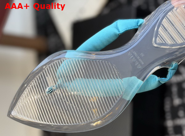 Alaia Invisible Thong Mules in Light Blue Satin Replica