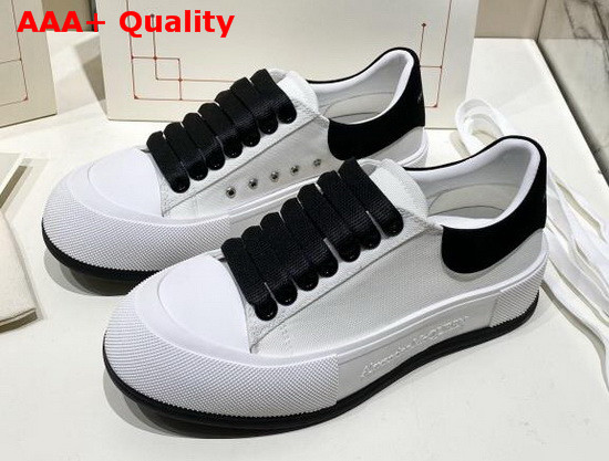 Alexander McQueen Deck Lace Up Plimsoll White Cotton and Black Calf Leather Replica