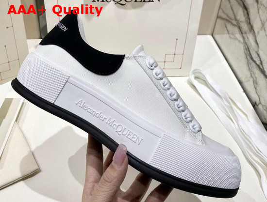 Alexander McQueen Deck Lace Up Plimsoll White Cotton and Black Calf Leather Replica