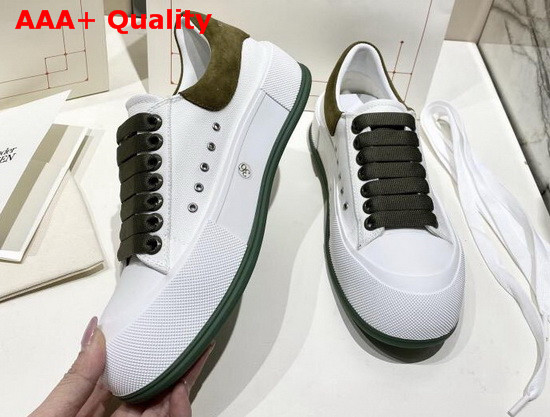 Alexander McQueen Deck Lace Up Plimsoll White Cotton and Khaki Suede Calf Leather Replica