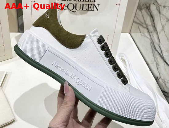 Alexander McQueen Deck Lace Up Plimsoll White Cotton and Khaki Suede Calf Leather Replica