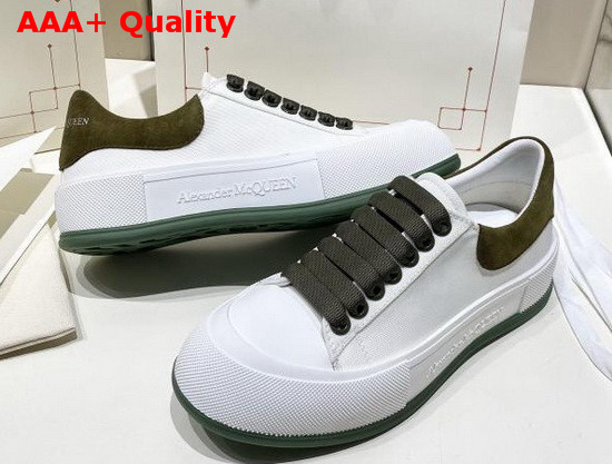 Alexander McQueen Deck Lace Up Plimsoll White Cotton and Khaki Suede Calf Leather Replica
