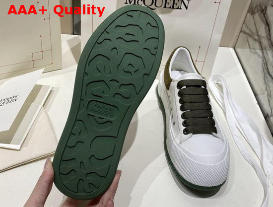 Alexander McQueen Deck Lace Up Plimsoll White Cotton and Khaki Suede Calf Leather Replica