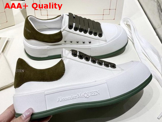 Alexander McQueen Deck Lace Up Plimsoll White Cotton and Khaki Suede Calf Leather Replica