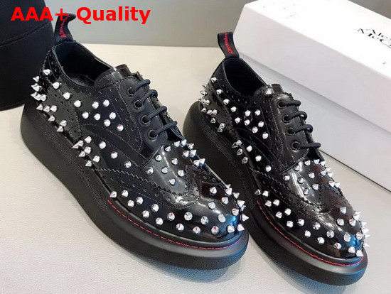 Alexander McQueen Hybrid Lace Up Black Shiny Calfskin Leather Embellished with Silver Finished Studs Replica