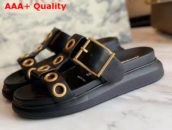 Alexander McQueen Hybrid Slide Black Vegetan Leather Slide Featuring Gold Finished Eyelets and an Oversized Rubber Sole Replica