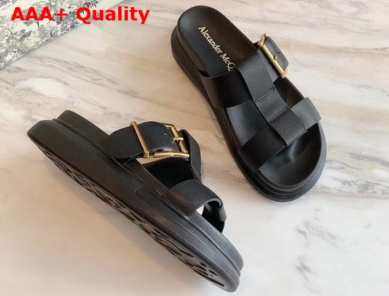 Alexander McQueen Hybrid Slide Black Vegetan Leather Slide Featuring Gold Hardware and an Oversized Rubber Sole Replica