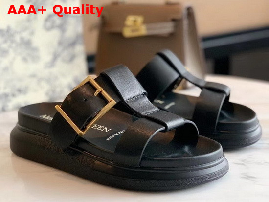 Alexander McQueen Hybrid Slide Black Vegetan Leather Slide Featuring Gold Hardware and an Oversized Rubber Sole Replica