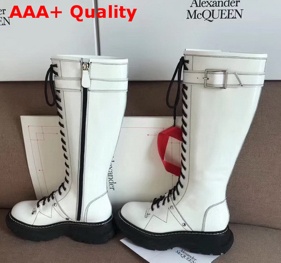 Alexander McQueen Tread Lace Up Knee High Boot in White Shiny Calfskin Replica