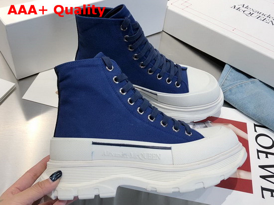 Alexander McQueen Tread Slick Boot Ink Blue Canvas Lace Up Boot with a Thick Oversized Ruber Tread Sole Replica