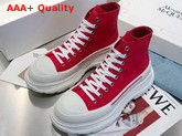 Alexander McQueen Tread Slick Boot Lust Red Canvas Lace Up Boot with a Thick Oversized Ruber Tread Sole Replica