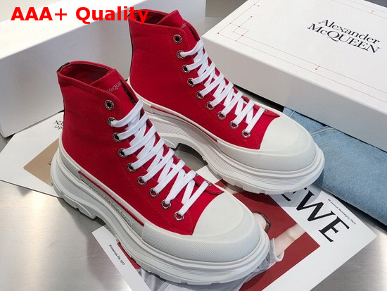 Alexander McQueen Tread Slick Boot Lust Red Canvas Lace Up Boot with a Thick Oversized Ruber Tread Sole Replica