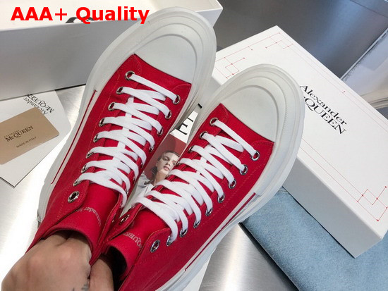 Alexander McQueen Tread Slick Boot Lust Red Canvas Lace Up Boot with a Thick Oversized Ruber Tread Sole Replica
