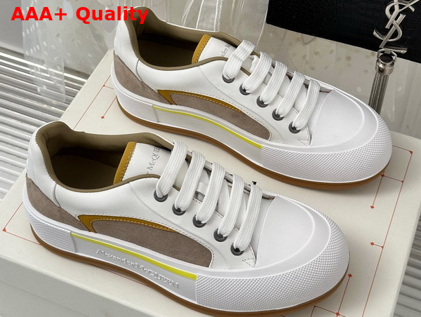 Alexander McQueen Tread Slick Lace Up in White Calf Leather and Tan Suede Leather Replica