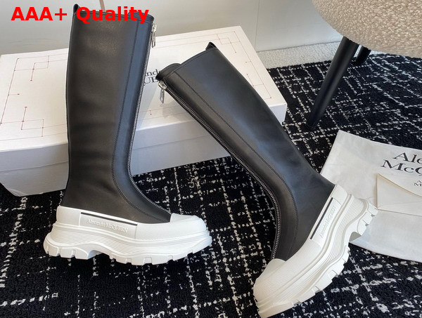 Alexander McQueen Womens Tread Slick Zip Boot in Black Calf Leather with White Rubber Sole Replica