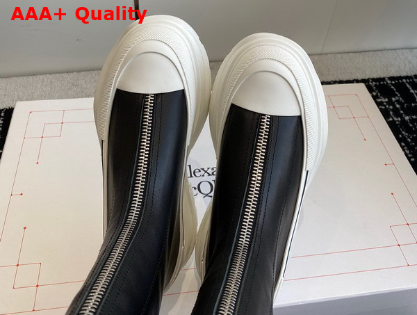 Alexander McQueen Womens Tread Slick Zip Boot in Black Calf Leather with White Rubber Sole Replica