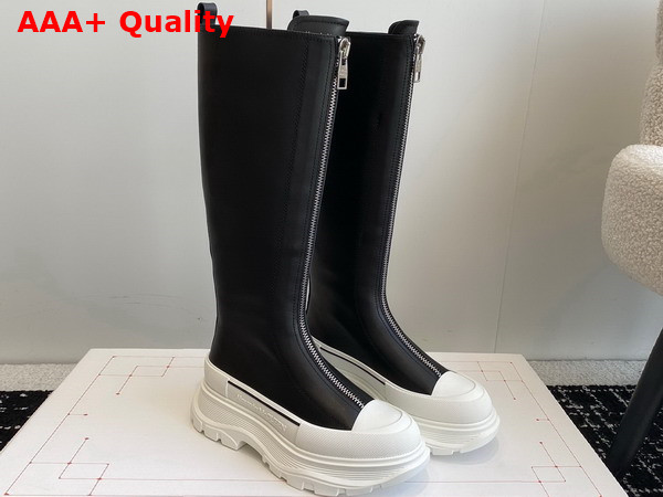 Alexander McQueen Womens Tread Slick Zip Boot in Black Calf Leather with White Rubber Sole Replica