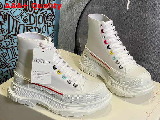 Alexander Mcqueen Tread Slick Lace Up High Top Sneaker in White Cotton Canvas with Multicolor Riverts Replica