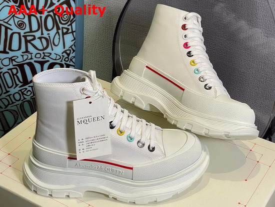Alexander Mcqueen Tread Slick Lace Up High Top Sneaker in White Cotton Canvas with Multicolor Riverts Replica