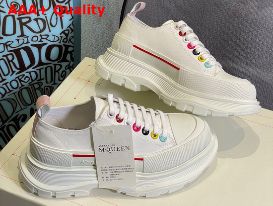 Alexander Mcqueen Tread Slick Lace Up Sneaker in White Cotton Canvas with Multicolor Riverts Replica