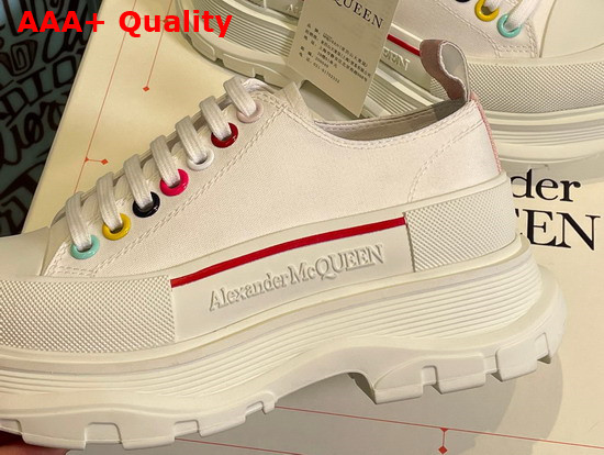 Alexander Mcqueen Tread Slick Lace Up Sneaker in White Cotton Canvas with Multicolor Riverts Replica