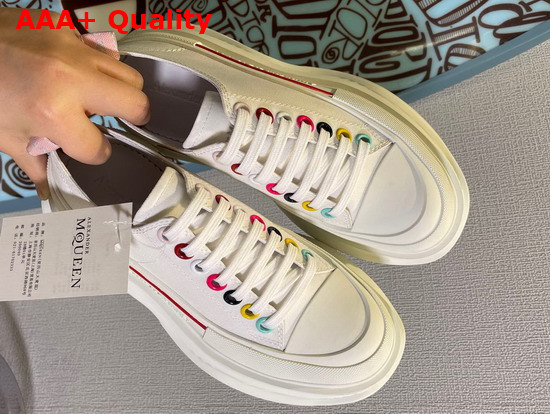 Alexander Mcqueen Tread Slick Lace Up Sneaker in White Cotton Canvas with Multicolor Riverts Replica