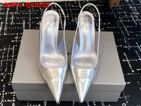 Balenciaga Avenue BB Editor 90mm Slingback Pump in Metallic Silver Calfskin Replica