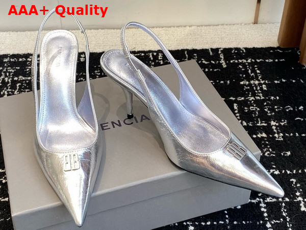Balenciaga Avenue BB Editor 90mm Slingback Pump in Metallic Silver Calfskin Replica