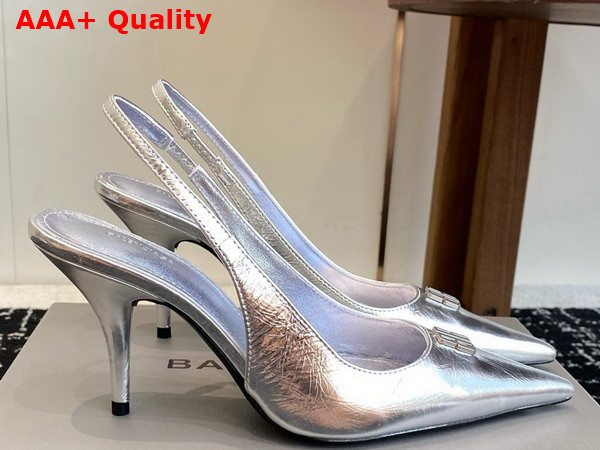 Balenciaga Avenue BB Editor 90mm Slingback Pump in Metallic Silver Calfskin Replica