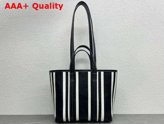 Balenciaga Barbes Medium East West Shopper Bag in Black and White Striped Patchwork Arena Lambskin Replica