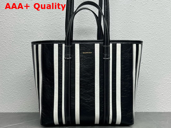 Balenciaga Barbes Medium East West Shopper Bag in Black and White Striped Patchwork Arena Lambskin Replica