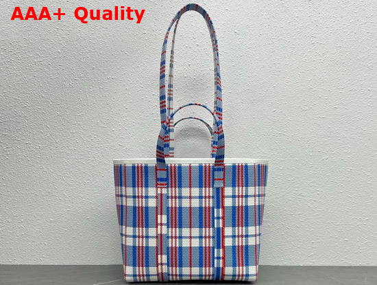 Balenciaga Barbes Medium East West Shopper Bag in Blue White and Red Check Printed and Embossed Calfskin Replica