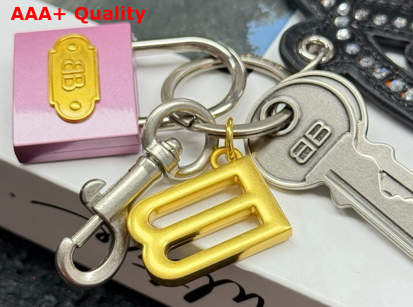 Balenciaga Charm Keyring Qixi Crystal B in Multicolor Arena Lambskin and Aged Silver Metal Replica