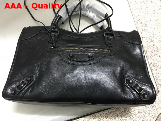 Balenciaga Classic Medium City Handbag in Black Soft Crafted Vintage Lambskin Black Metal For Sale