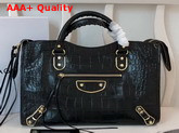 Balenciaga Classic Metallic Edge City Handbag Black Crocodile Effect Replica