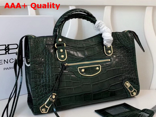 Balenciaga Classic Metallic Edge City Handbag Green Crocodile Effect Replica