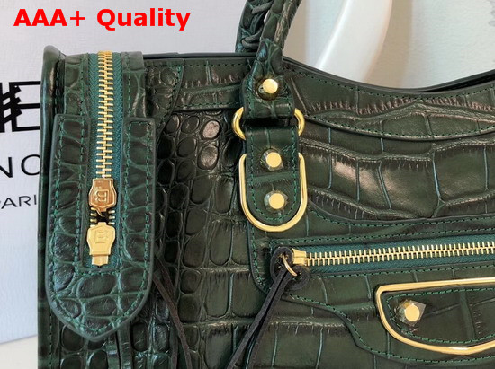 Balenciaga Classic Metallic Edge City Handbag Green Crocodile Effect Replica