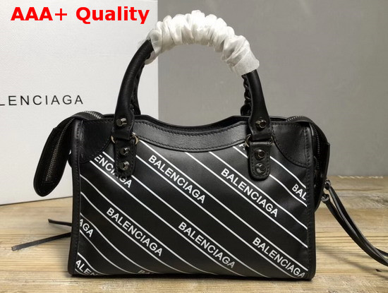 Balenciaga Classic Mini City Handbag Black Allover Balenciaga Logo Replica