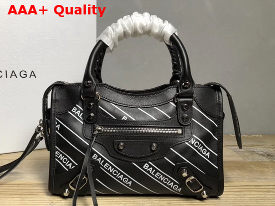 Balenciaga Classic Mini City Handbag Black Allover Balenciaga Logo Replica