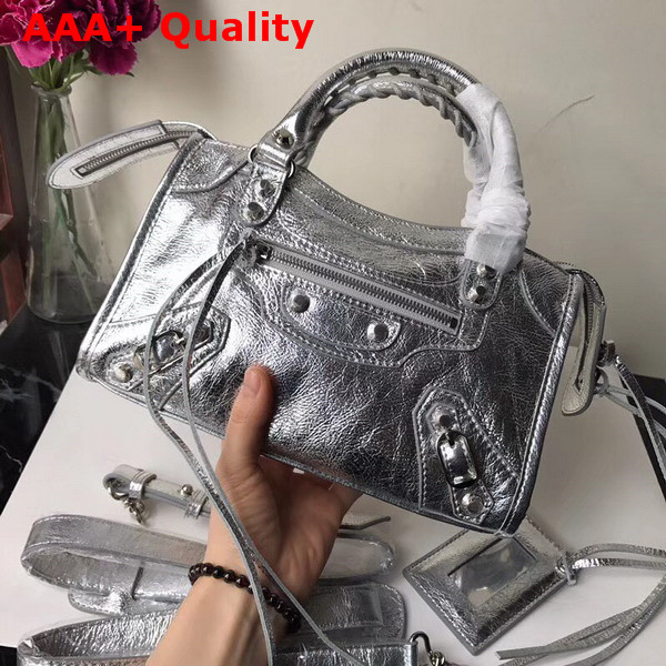 Balenciaga Classic Mini City Silver Crackle Lambskin Replica