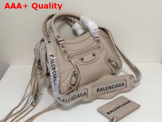 Balenciaga Classic Silver Mini City Logo Strap Beige Lambskin Replica