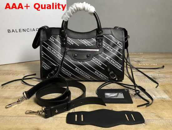 Balenciaga Classic Small City Handbag Black Allover Balenciaga Logo Replica