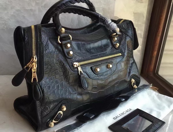 Balenciaga Croc Effect City Bag in Black Embossed Calfskin For Sale