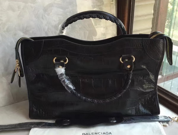 Balenciaga Croc Effect City Bag in Black Embossed Calfskin For Sale