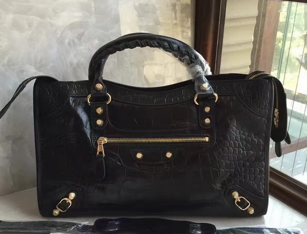 Balenciaga Croc Effect City Bag in Black Embossed Calfskin For Sale