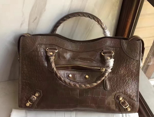 Balenciaga Croc Effect City Bag in Embossed Calfskin Khaki For Sale