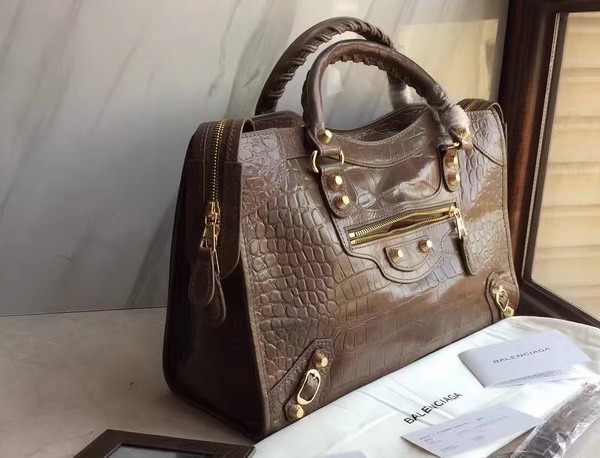 Balenciaga Croc Effect City Bag in Embossed Calfskin Khaki For Sale