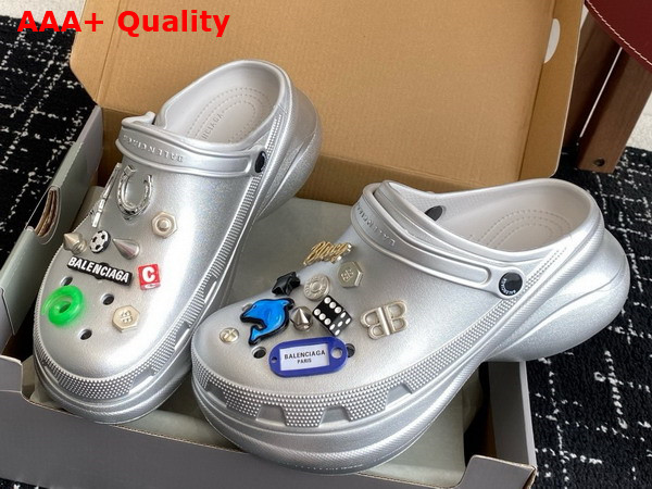 Balenciaga Crocs Mule in Silver Rubber with Jibbitz Charms Replica